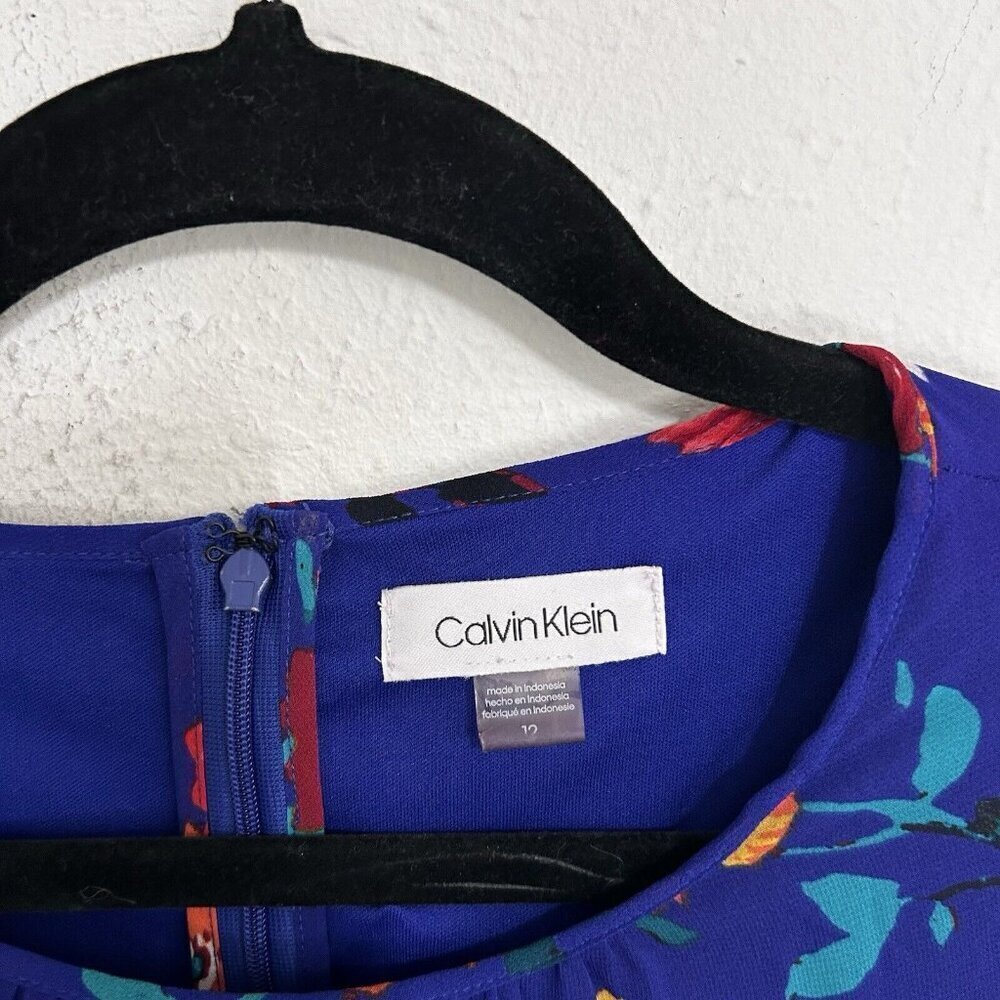 CALVIN KLEIN Bright Blue Multicolor Floral Daisy Shift Dress  Bell Sleeves Sz 10 - Picture 7 of 13